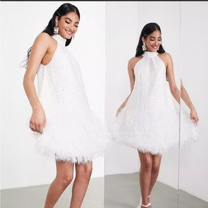 ASOS EDITION sequin halter mini dress with feather hem in ivory